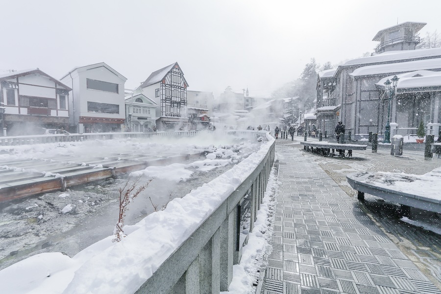 Kusatsu Onsen town during winter.