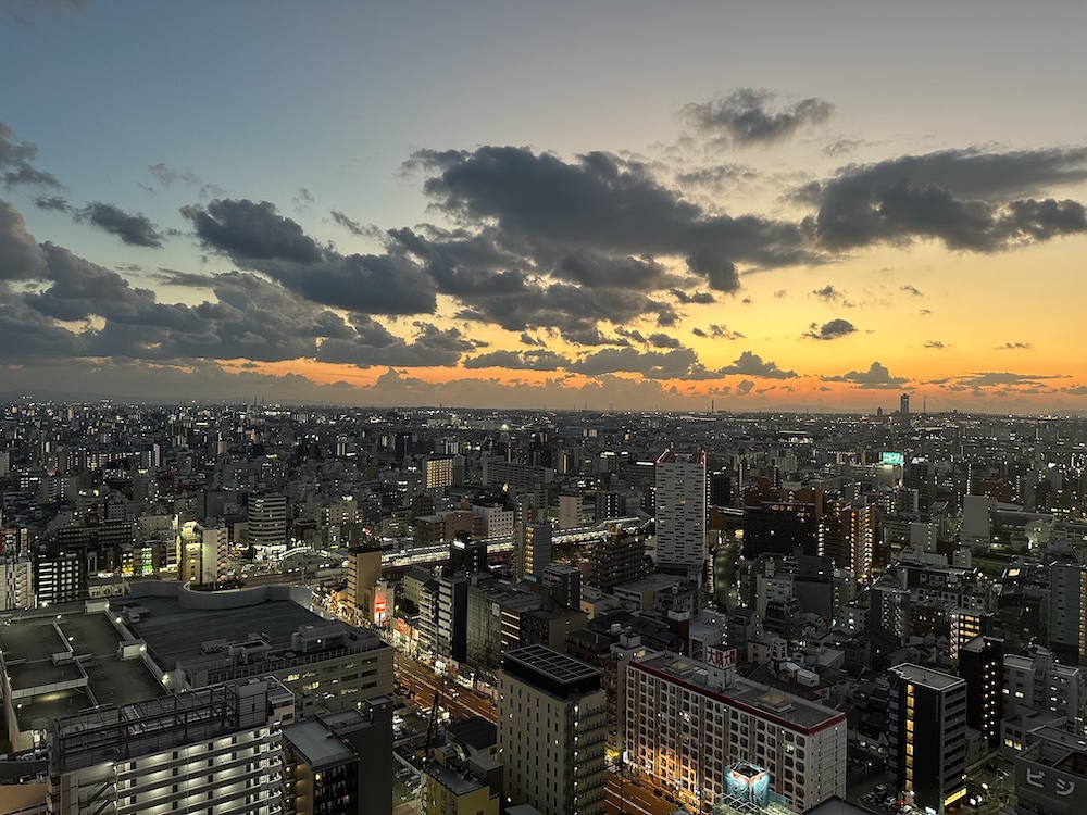 The view from Tsutenkaku Tower in Shinsekai, Osaka, as the sun set.