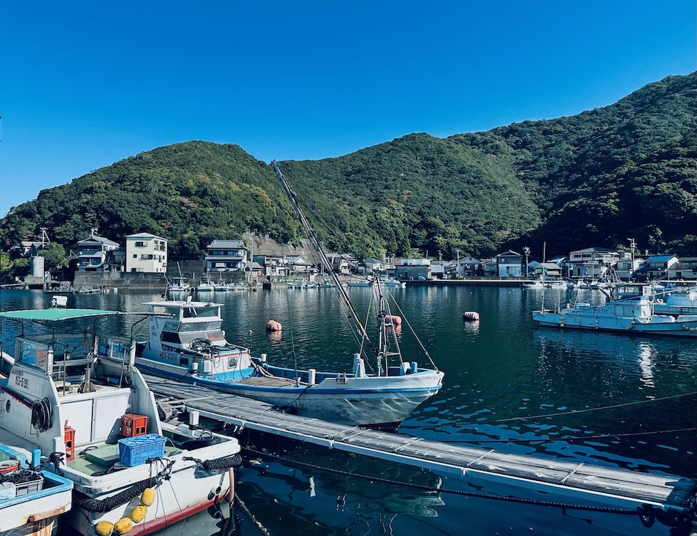 Walking to the harbour in the fishing village of Asoura.