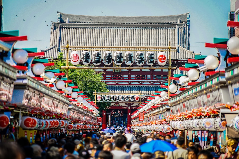 Visitors gather in large crowds in Asakusa, Tokyo.