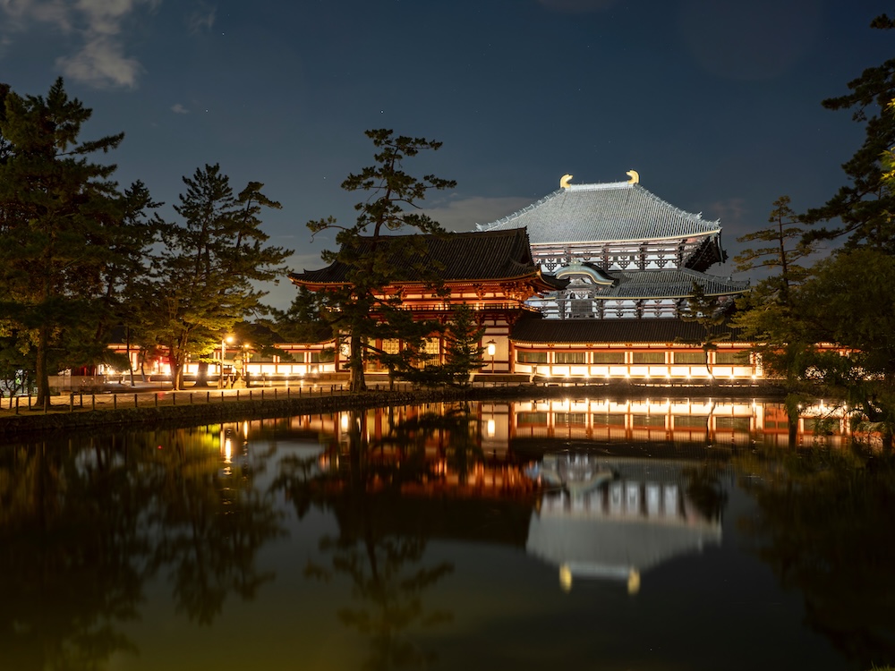 The beautiful and serene Todai-ji Temple (Nigatsudo Hall), Nara, at night.
