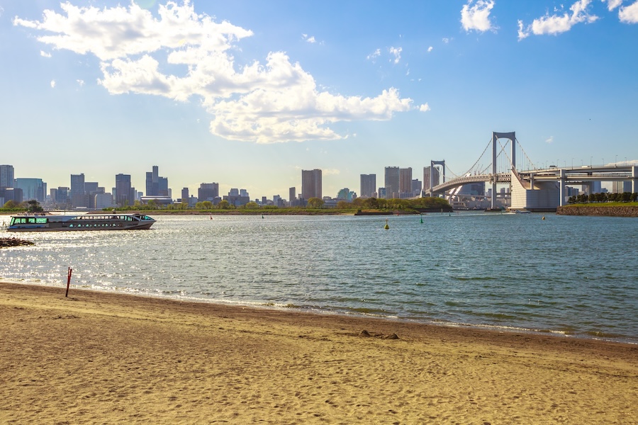 A sandy waterfront in Tokyo with skyline views across the bay. A sandy waterfront in Tokyo with skyline views across the bay.