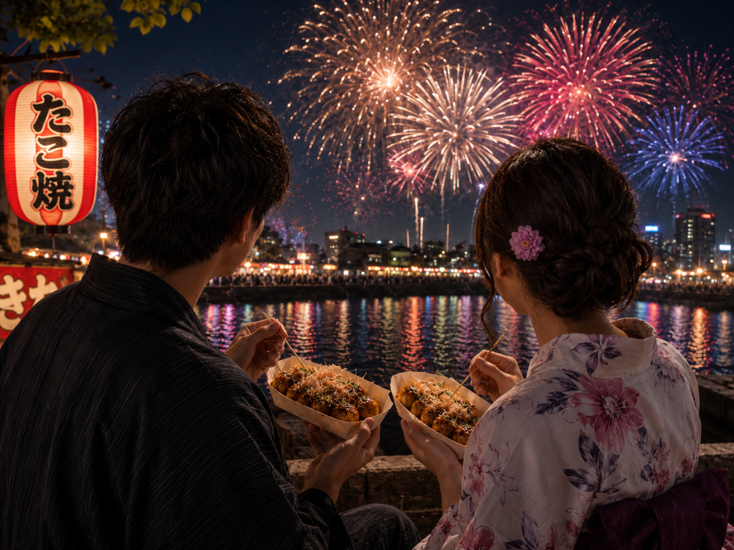 couple eating takoyaki while watching fireworks in japan couple eating takoyaki while watching fireworks in japan
