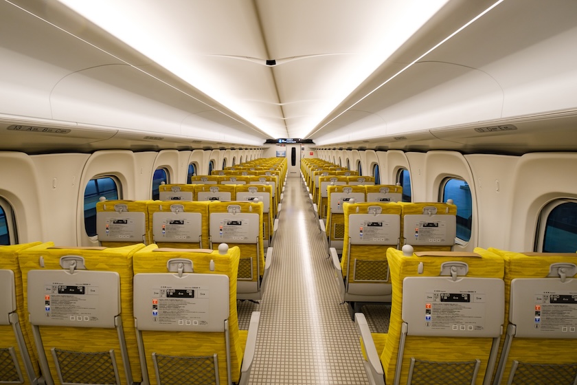 Inside an N700S Shinkansen on the Tokaido line.