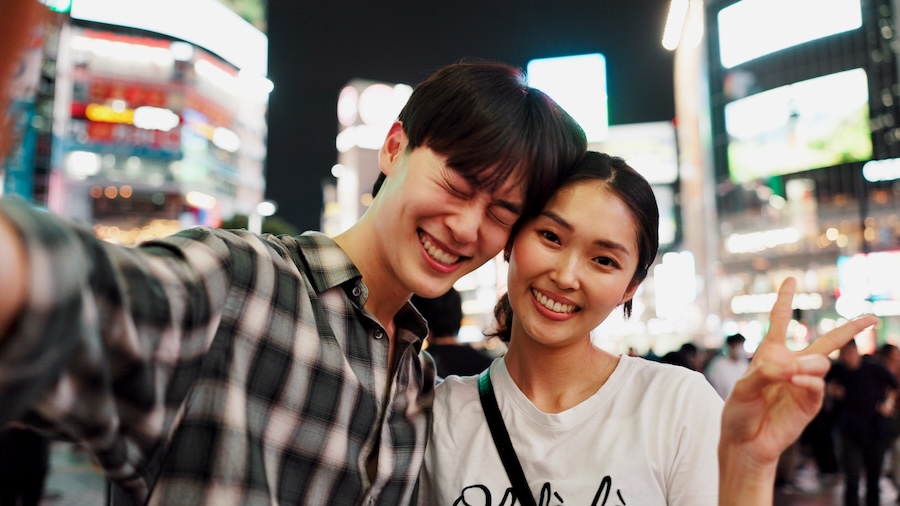 Romantic young couple in Japan.