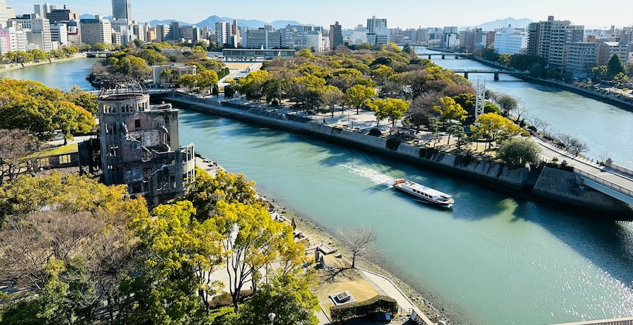 A view of the atomic dome and Hiroshima city. A view of the atomic dome and Hiroshima city.