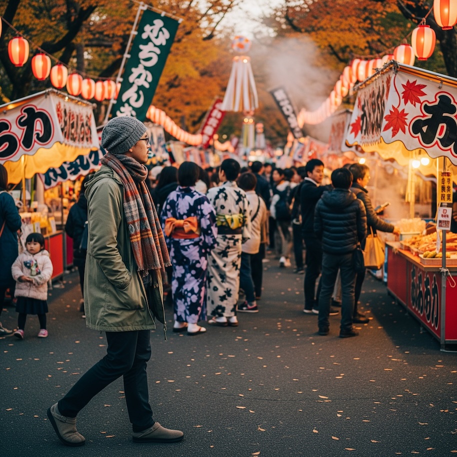 A visitor wearing casual, comfortable autumn clothing at Jidai matsuri. A visitor wearing casual, comfortable autumn clothing at Jidai matsuri.
