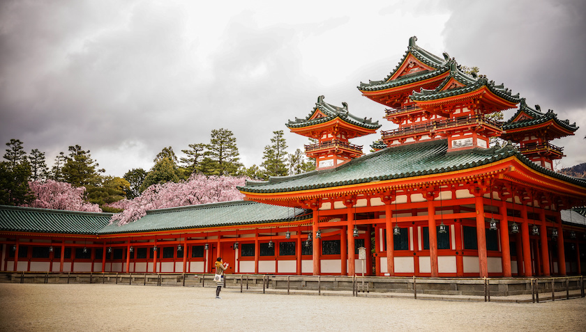 Heian Shrine with its striking red buildings. Heian Shrine with its striking red buildings.
