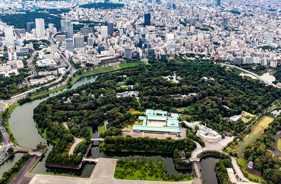 An aerial view of the Imperial Palace grounds in the heart of Tokyo.