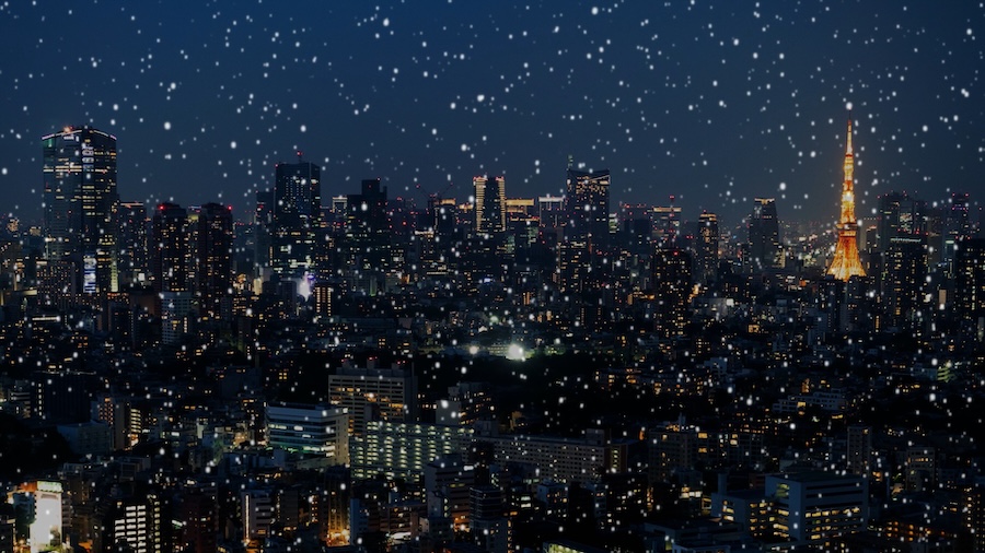 Snow falling across the Tokyo skyline at night.