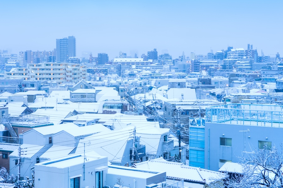 Snow covered rooftops in Tokyo, Japan.